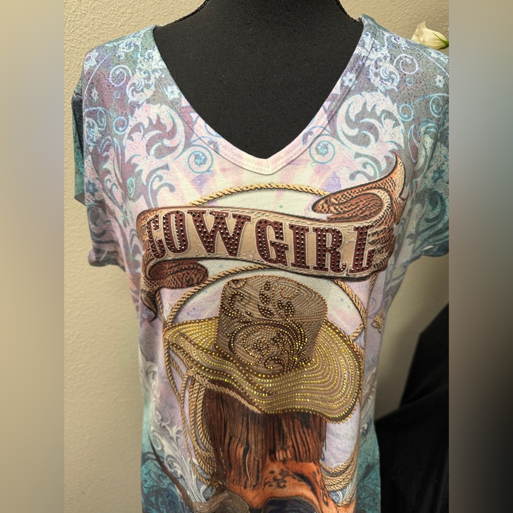 Sweet Gisele Cowgirl Rhinestone Graphic Top XL Western Rodeo San Antonio - Picture 4 of 10